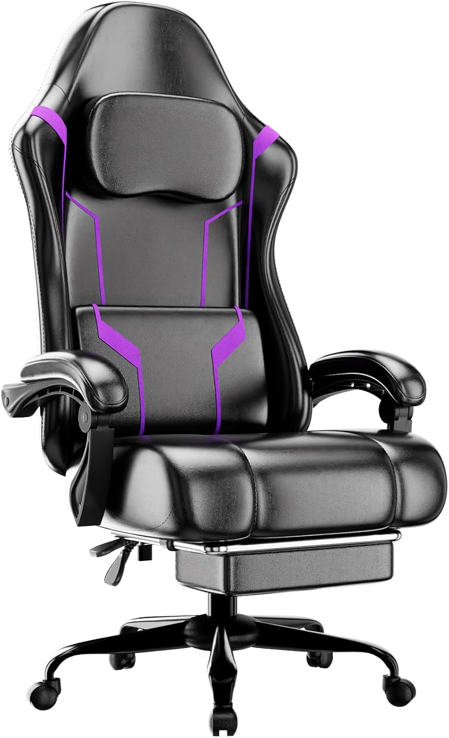 Ergonomic Office Chair - เก้าอี้เล่นเกมตามหลักสรีรศาสตร์พร้อมเบาะพ็อกเก็ตสปริงและที่วางเท้า เก้าอี้คอมพิวเตอร์แบบหมุนปรับความสูงได้สำหรับโฮมออฟฟิศ สีม่วง