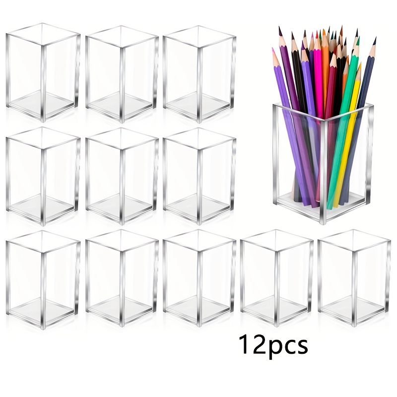 Home Office Work Table - ที่เก็บแปรงแต่งหน้าอะคริลิคใส 12 ชิ้น ที่จัดระเบียบอุปกรณ์สำนักงาน โรงเรียน ถ้วยใส่ปากกาดินสอแบบโปร่งใส